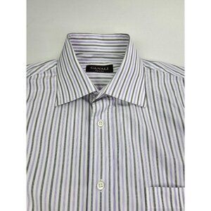 Canali Size 15.5 Euro 39 Men White Purple Gray Stripe Spread Collar Cotton Shirt